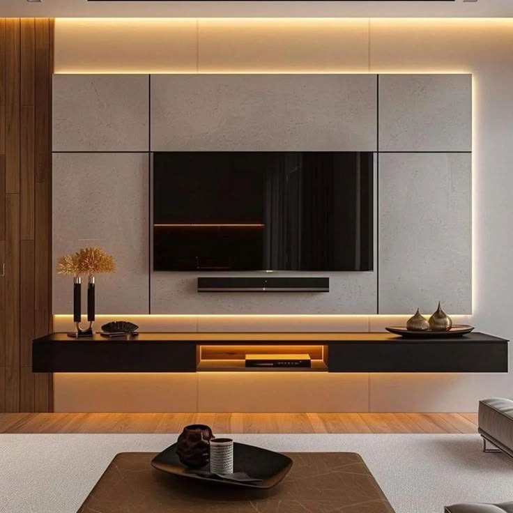 Modern TV wall with integrated lighting